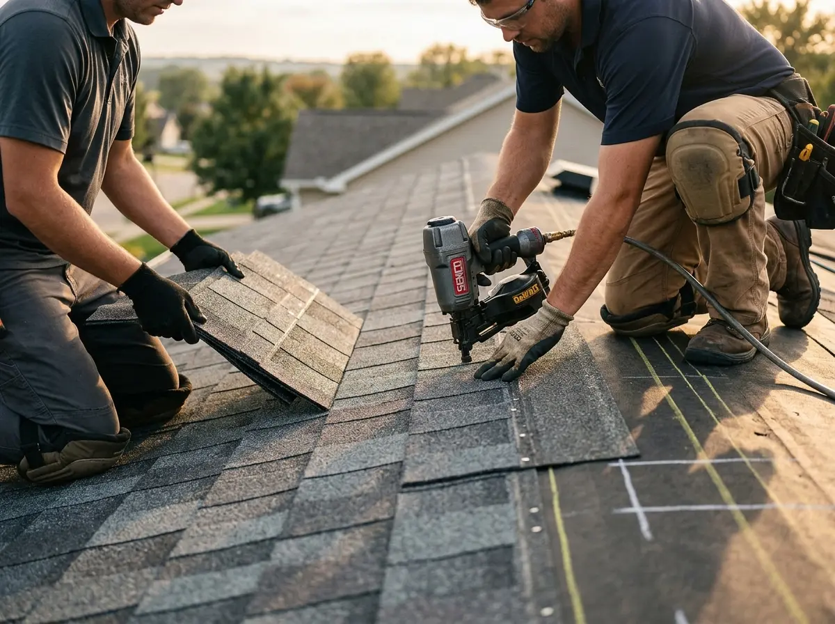 Professional roofer working on a residential roof in Greenwich